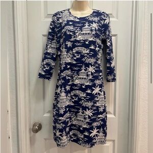 J. McLaughlin Sophia Dress Tongsai Palm Print 3/4 Sleeve Navy/White-Small-NWT